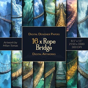 Puede incluir: Un paquete de papel digital con 16 imágenes de puentes de cuerda sobre exuberantes paisajes verdes. Las imágenes son de 8,5 pulgadas por 11 pulgadas y 300 DPI. El texto "16 x Rope Bridge" está en el centro de la imagen.