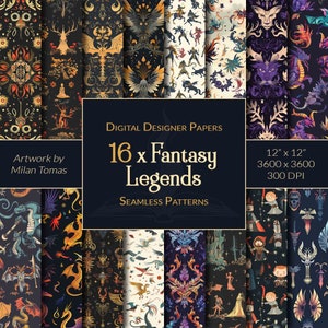 Pacchetto modelli senza cuciture Fantasy Legends / Set di 16 documenti digitali / Carta per album / Diari spazzatura / Artigianato fai-da-te