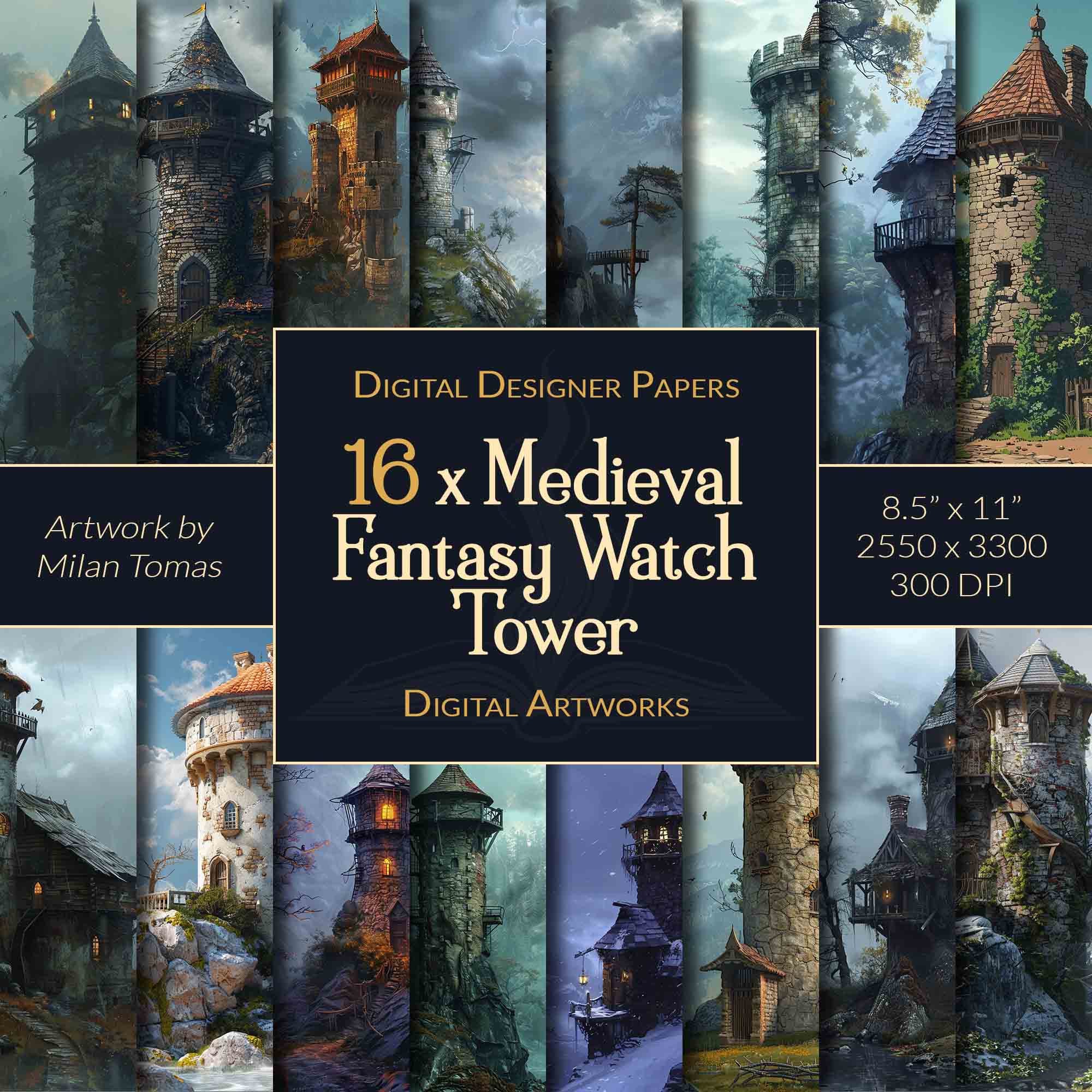 Medieval Watch Tower Digital Paper: Fantasy Scrapbook Art (digital ...