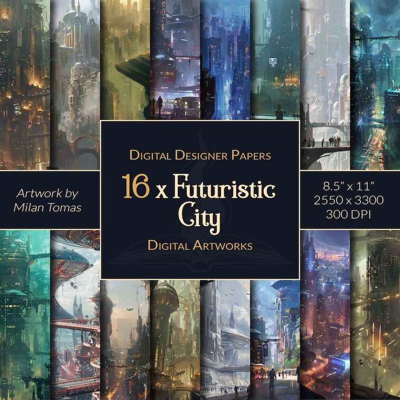 May include: A digital paper pack featuring 16 futuristic cityscapes in various color palettes. The images are 8.5 inches by 11 inches and 300 DPI. Artwork by Milan Tomas.
