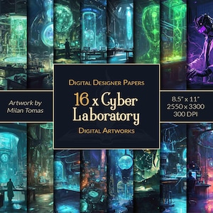 May include: A digital collage of 16 images depicting a futuristic cyber laboratory with glowing green and blue lights. The images are arranged in a grid pattern and feature various laboratory equipment, including beakers, tubes, and computers. The text "16 x Cyber Laboratory" is displayed in the centre of the collage.