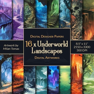Pack d'oeuvres d'art numériques Paysages souterrains | Ensemble de 16 papiers numériques | Papier pour scrapbooking | Journaux indésirables | Bricolage