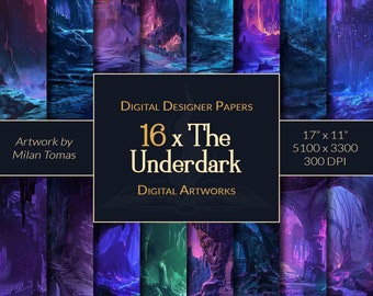 Könnte beinhalten: Ein Set mit 16 digitalen Papieren mit lebendigen, farbenfrohen und abstrakten Designs einer Fantasy-Höhlenlandschaft. Die Papiere sind 17 Zoll mal 11 Zoll groß, haben eine Auflösung von 5100 Pixel mal 3300 Pixel und eine Auflösung von 300 DPI. Das Kunstwerk stammt von Milan Tomas.