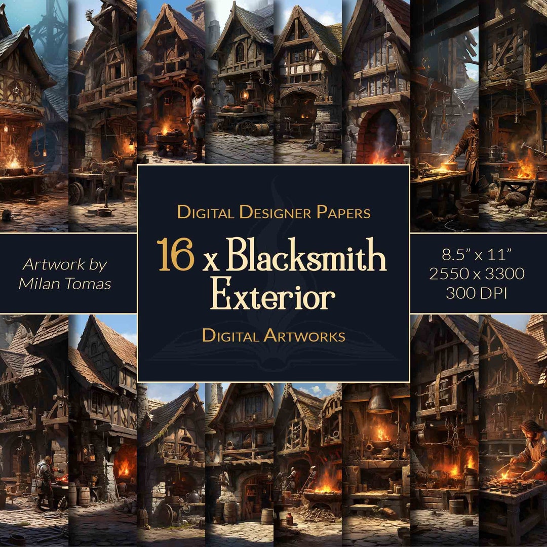 Medieval Blacksmith Exterior Art: 16 Fantasy Digital Papers (digital ...