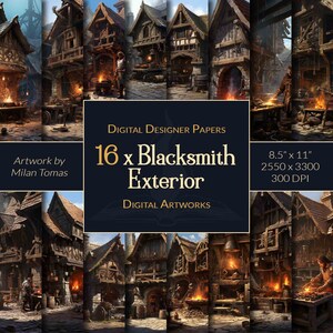 Może przedstawiać: Zestaw 16 cyfrowych wydruków artystycznych przedstawiających zewnętrzną część kuźni. Obrazy mają rozmiar 8,5 cala na 11 cali i 300 DPI. Autorem dzieła jest Milan Tomas.