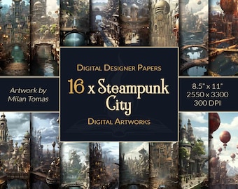 Steampunk City Digitalt Papperspaket: 16 Fantasy Art-bilder (Digital Nedladdning)