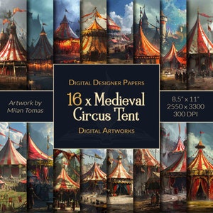 Middeleeuwse circustent Digitale kunstwerken Pack | Set van 16 digitale papieren | Plakboekpapier | Ongewenste tijdschriften | Doe-het-zelf-ambachten