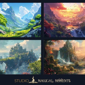 May include: Four digital paintings depicting fantasy landscapes with waterfalls, mountains, and lush greenery. The top left image shows a green valley with a single tree in the foreground. The top right image shows a sunset over a valley with a waterfall. The bottom left image shows a castle on a cliff with a waterfall. The bottom right image shows a waterfall in a lush forest.