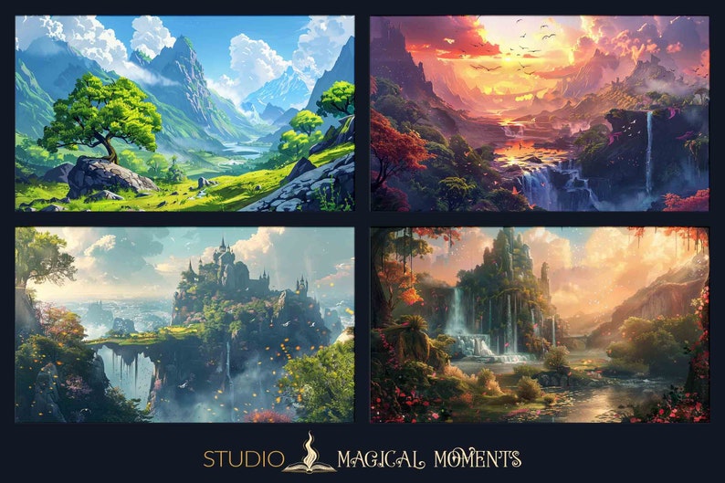 May include: Four digital paintings depicting fantasy landscapes with waterfalls, mountains, and lush greenery. The top left image shows a green valley with a single tree in the foreground. The top right image shows a sunset over a valley with a waterfall. The bottom left image shows a castle on a cliff with a waterfall. The bottom right image shows a waterfall in a lush forest.