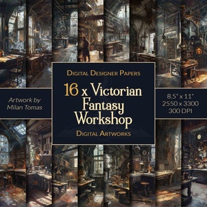 Victoriaanse fantasieworkshop Digitale kunstwerkenpakket | Set van 16 digitale papieren | Plakboekpapier | Ongewenste tijdschriften | Doe-het-zelf-ambachten