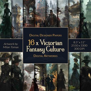 Pacchetto di opere d'arte digitali sulla cultura fantasy vittoriana / Set di 16 carte digitali / Carta per album / Diari spazzatura / Artigianato fai da te
