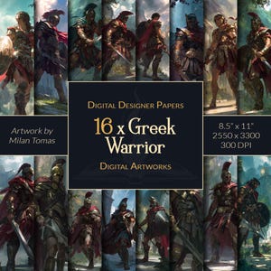 Pack d'oeuvres d'art numériques guerrier grec | Ensemble de 16 papiers numériques | Papier pour scrapbooking | Journaux indésirables | Bricolage