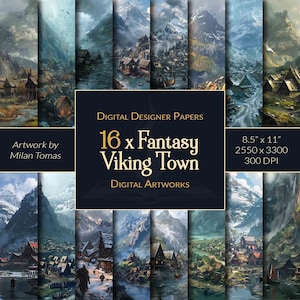 May include: A digital paper pack featuring 16 fantasy Viking town illustrations. The illustrations are in a watercolor style and feature a variety of buildings, mountains, and water. The text "16 x Fantasy Viking Town" is displayed in a gold font on a dark blue background.