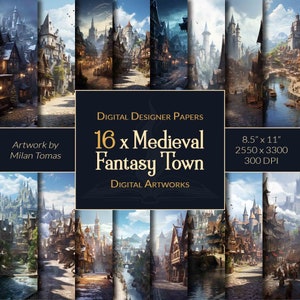 Peut inclure: Un pack de papiers numériques comprenant 16 images d'une ville médiévale fantastique avec une rivière qui la traverse. Les images mesurent 8,5 pouces par 11 pouces et 300 DPI. Œuvre de Milan Tomas.