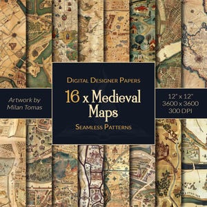 Pacchetto di mappe medievali con motivi senza soluzione di continuità / Set di 16 carte digitali / Carta per scrapbooking / Diari di scarto / Fai da te