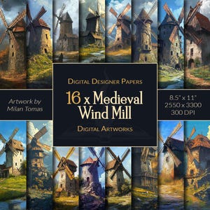May include: A digital paper pack featuring 16 images of medieval windmills. The images are in a collage format, with each image showing a different windmill in a picturesque setting. The images are 8.5 inches by 11 inches and 300 DPI.
