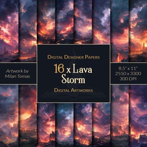 Lava Storm-pakket met digitale kunstwerken | Set van 16 digitale papieren | Plakboekpapier | Ongewenste tijdschriften | DIY-knutsels