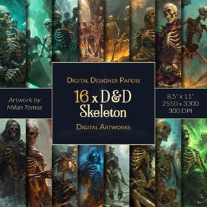 Pacote de obras de arte digital D&D Skeleton | Conjunto de 16 papéis digitais | Papel para álbum de recortes | Diários indesejados | Artesanato faça você mesmo