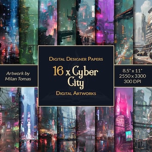 Cyber City Digital Artworks Paket | Set von 16 Digitalen Papiere | Scrapbook Papier | Junk Journals | DIY Kunsthandwerk