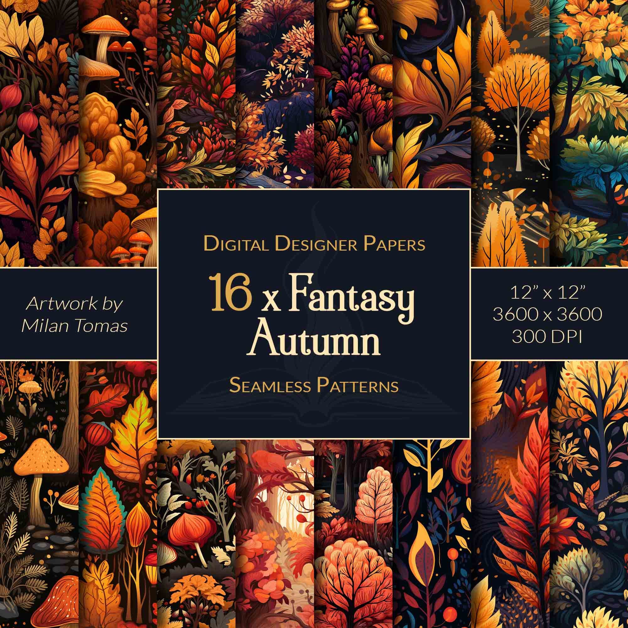 Fantasy Autumn Seamless Patterns Pack | Set of 16 Digital Papers | Scrapbook Paper | Junk Journals | DIY Crafts