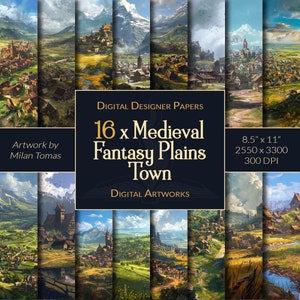 Medieval Fantasy Plains Town Digital Artworks Pack | Set of 16 Digital Papers | Scrapbook Paper | Junk Journals | DIY Crafts