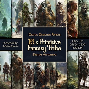 Puede incluir: Un paquete de papel digital con 16 ilustraciones de miembros de una tribu fantástica primitiva. Las ilustraciones están en una paleta de colores oscuros y terrosos y presentan representaciones detalladas de la ropa, las armas y los rasgos faciales de los personajes. El texto "16 x Primitive Fantasy Tribe" se muestra en una fuente grande en la parte superior de la imagen.