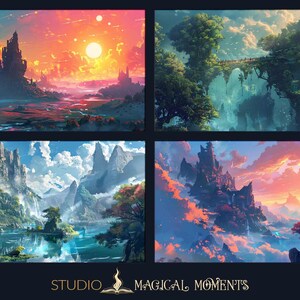 May include: Four digital paintings of fantasy landscapes with castles, mountains, waterfalls, and trees. The paintings are in a grid format with a sunset sky in the top left and bottom right, a blue sky in the top right, and a cloudy sky in the bottom left.