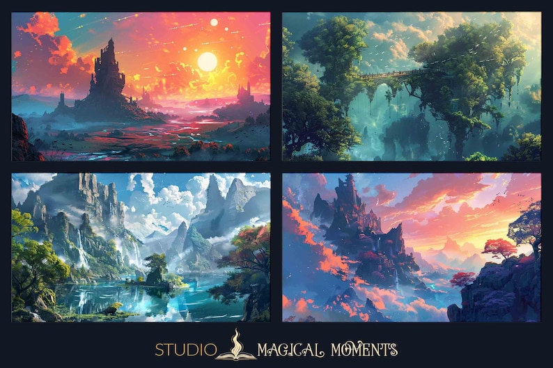 May include: Four digital paintings of fantasy landscapes with castles, mountains, waterfalls, and trees. The paintings are in a grid format with a sunset sky in the top left and bottom right, a blue sky in the top right, and a cloudy sky in the bottom left.