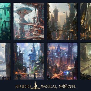 May include: A collage of eight digital paintings depicting futuristic cityscapes with towering buildings, flying vehicles, and intricate details. The paintings are in various color palettes, including green, blue, orange, and purple.
