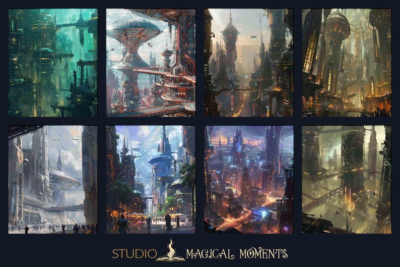 May include: A collage of eight digital paintings depicting futuristic cityscapes with towering buildings, flying vehicles, and intricate details. The paintings are in various color palettes, including green, blue, orange, and purple.