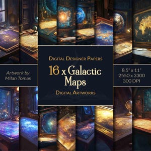 Pack d'oeuvres d'art numériques Cartes galactiques | Ensemble de 16 papiers numériques | Papier pour scrapbooking | Journaux indésirables | Bricolage