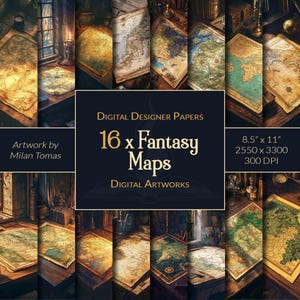 Paquete de ilustraciones digitales de mapas de fantasía / Juego de 16 papeles digitales / Papel para álbumes de recortes / Diarios basura / Manualidades DIY