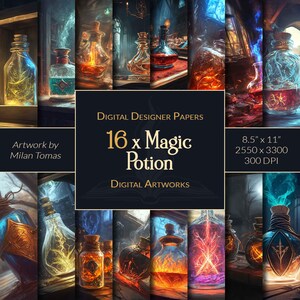 May include: Digital paper pack with 16 images of magic potions in glass bottles. The bottles are filled with colorful liquids and have glowing effects. The images are 8.5 inches by 11 inches and 300 DPI.