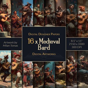 Puede incluir: Obra de arte digital con 16 ilustraciones de bardos medievales. Cada imagen representa a un bardo tocando un instrumento de cuerda, vestido con ropa de época. La obra de arte mide 21,59 cm x 27,94 cm y 300 DPI. El texto de la imagen dice "Digital Designer Papers" y "Digital Artworks".
