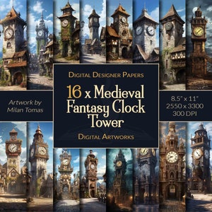 Medieval Clock Tower Digital Paper: Fantasy Art, Scrapbook, Junk Journal (Digital Download)
