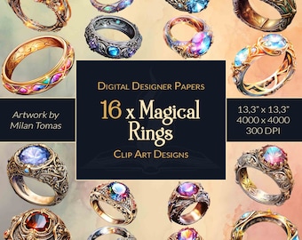 Magiczne Pierścienie – Grafika Klipart: Fantastyczna Biżuteria w formacie PNG (Pobieranie Cyfrowe)