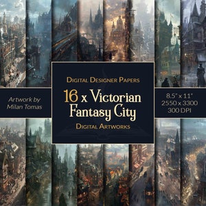 Könnte beinhalten: Ein digitaler Download von 16 digitalen Papieren mit viktorianischen Fantasy-Städten, jedes 8,5 Zoll mal 11 Zoll groß bei 300 DPI. Die Illustrationen stammen von Milan Tomas.