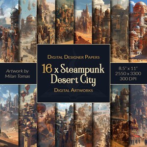 Steampunk Desert City Digital Artworks Pack | Zestaw 16 papierów cyfrowych | Papier do scrapbookingu | Dzienniki śmieci | Rękodzieło DIY