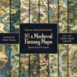 Mittelalterliche Fantasy Maps Seamless Patterns Pack | Set von 16 Digitalen Papiere | Scrapbook Papier | Junk Journals | DIY Kunsthandwerk