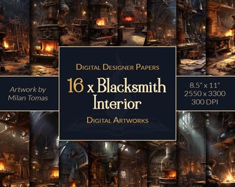 Medieval Fantasy Blacksmith Interior Digital Artworks Pack | Set of 16 Digital Papers | Scrapbook Paper | Junk Journals | DIY Crafts