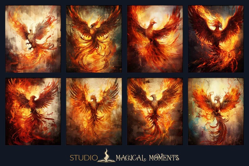 K&ouml;nnte beinhalten: Acht Kunstdrucke mit einem Ph&ouml;nix in verschiedenen Posen, dargestellt in feurigen Rot-, Orange- und Gelbt&ouml;nen. Der mythische Vogel wird mit ausgebreiteten Fl&uuml;geln und einem flammenden Schwanz dargestellt. Der Text "STUDIO MAGICAL MOMENTS" befindet sich unten.
