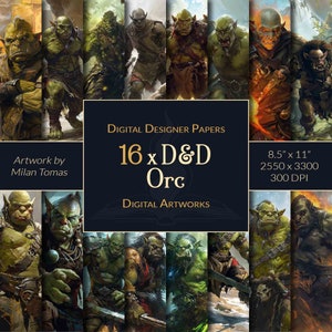 Pacote de obras de arte digital D&D Orc | Conjunto de 16 papéis digitais | Papel para álbum de recortes | Diários indesejados | Artesanato faça você mesmo