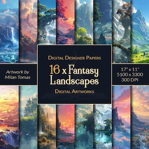 Pack d'oeuvres d'art numériques Paysages fantastiques | Ensemble de 16 papiers numériques | Papier pour scrapbooking | Journaux indésirables | Bricolage