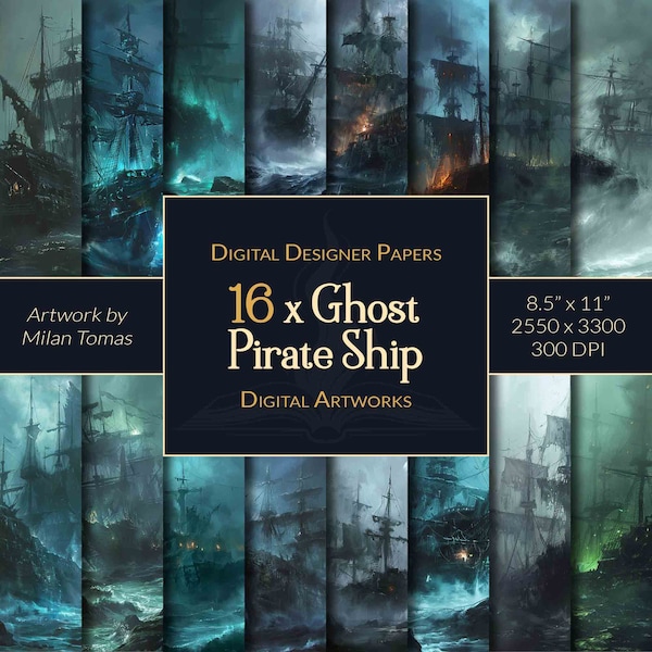 Ghost Pirate Ship Digital Artworks Pack | Set of 16 Digital Papers | Scrapbook Paper | Junk Journals | DIY Crafts