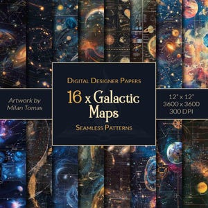 May include: A set of 16 digital designer papers featuring galactic maps. Each map is 12 inches by 12 inches, 3600 pixels by 3600 pixels, and 300 DPI. The maps are seamless patterns and feature a dark blue background with gold and white details.