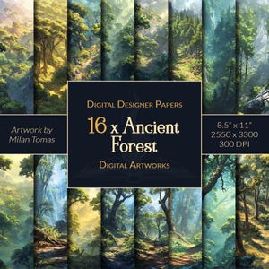 Pack d'oeuvres d'art numériques Forêt ancienne | Ensemble de 16 papiers numériques | Papier pour scrapbooking | Journaux indésirables | Bricolage