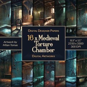 May include: A digital paper pack with 16 images of a medieval torture chamber. The images are 8.5 inches by 11 inches and 300 DPI. The images are dark and moody, with a lot of detail. The text "Artwork by Milan Tomas" is in the bottom left corner of the image.