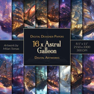 Astral Galleon-pakket met digitale kunstwerken | Set van 16 digitale papieren | Plakboekpapier | Ongewenste tijdschriften | DIY-knutsels