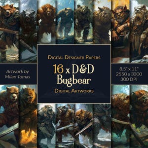 Pacote de obras de arte digitais D&D Bugbear | Conjunto de 16 papéis digitais | Papel para scrapbook | Diários de lixo | Artesanato faça você mesmo