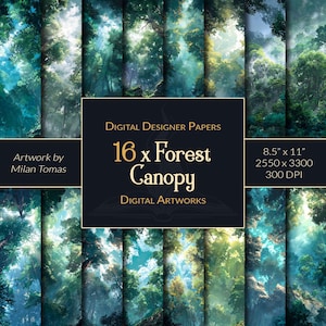 May include: Digital designer papers featuring 16 forest canopy images. The artwork by Milan Tomas includes images of trees and sunlight. The papers are 8.5" x 11" with a resolution of 2550 x 3300 and 300 DPI.